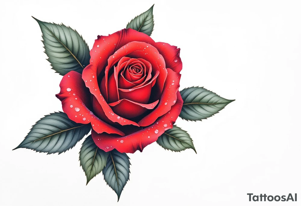 A vibrant red rose with dewdrops, the petals curling with realistic depth in deep crimson and dark green leaves. tattoo idea