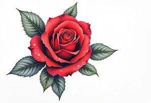 A vibrant red rose with dewdrops, the petals curling with realistic depth in deep crimson and dark green leaves. tattoo idea