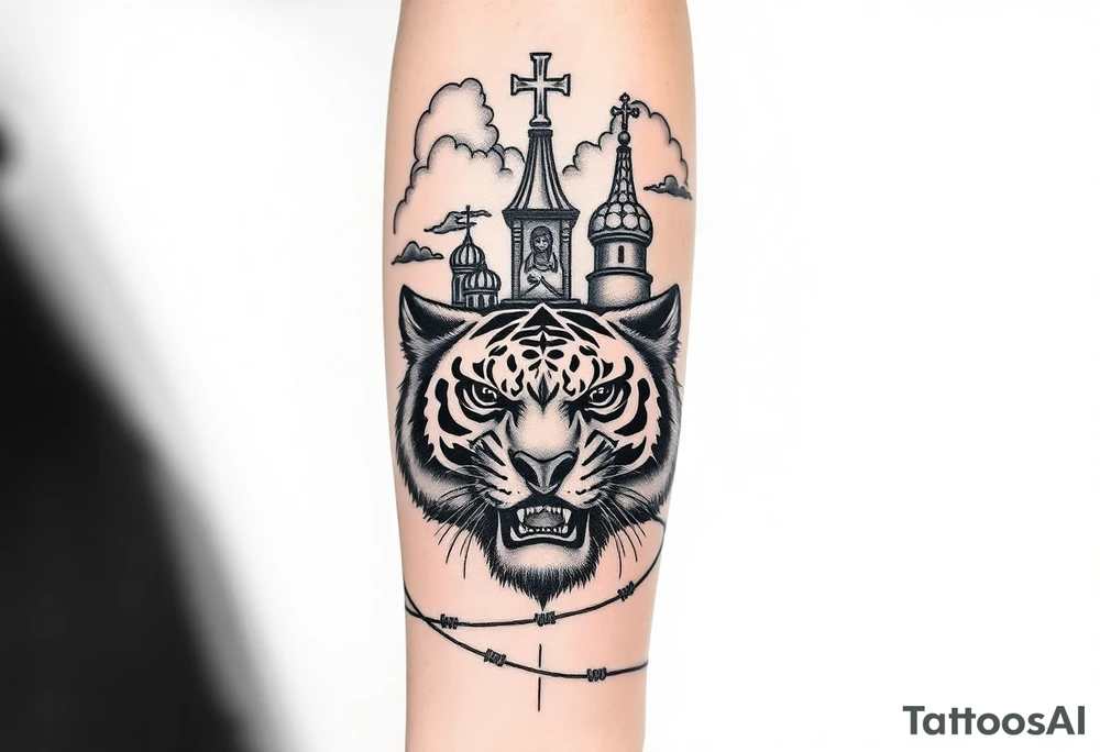 Mean looking tiger on the hand with barb wire at the bottom and then above the tiger do a traditional Russian Orthodox Church with the orthodox traditional cross as the spire in clouds then Virgin Mary above overlooking with hands together on heart tattoo idea