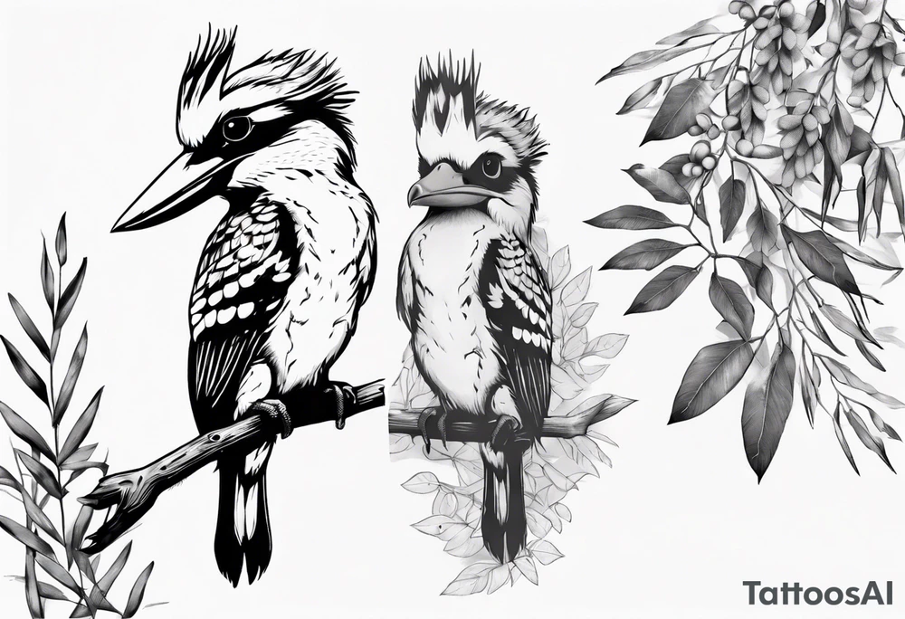 kookaburra sitting on wattle and eucalyptus leaves tattoo idea