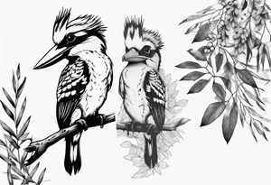 kookaburra sitting on wattle and eucalyptus leaves tattoo idea