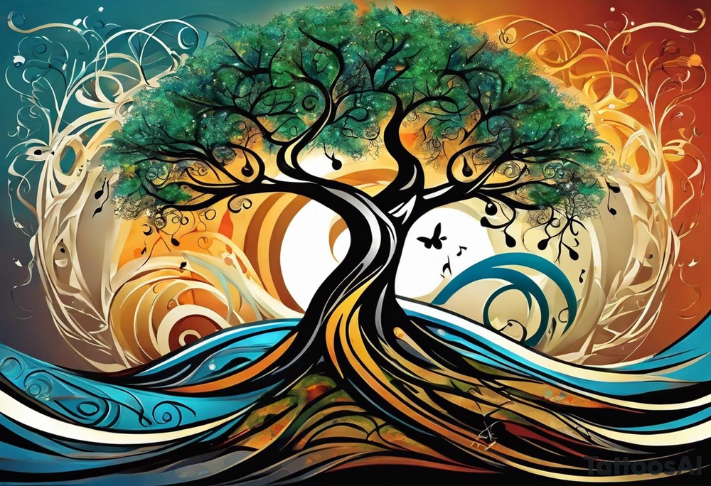 A tattoo design that incorporates the following elements: an abstract tree of life that has roots emerging  from the ground. Waves of water wrap around the tree in a non symmetrical design.  Incorporate musical notes into the tree. the letters U and A are overlapping and engraved into the tree. A golf flag incorporated but not prominent tattoo idea