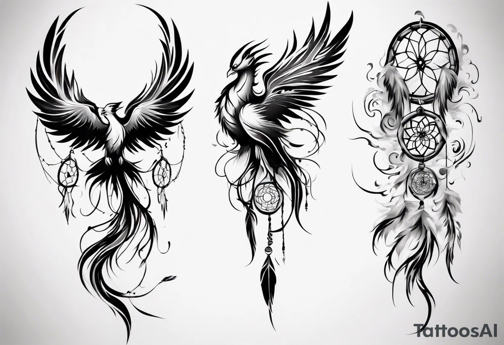 Vertical Phoenix with abstract dream catcher tail tattoo idea Vertical Phoenix with abstract dream catcher tail tattoo idea