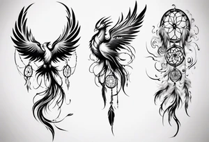 Vertical Phoenix with abstract dream catcher tail tattoo idea