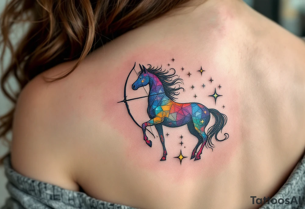 A half-human, half-horse centaur silhouette holding a bow, with the Sagittarius stars in metallic white across the chest. tattoo idea