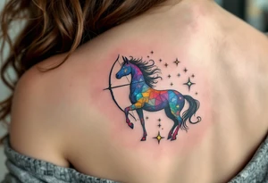 A half-human, half-horse centaur silhouette holding a bow, with the Sagittarius stars in metallic white across the chest. tattoo idea
