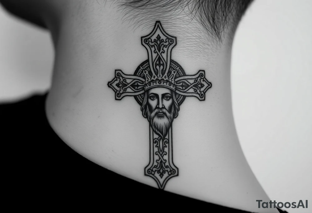 A large Orthodox cross with ornate detailing
Christ Pantocrator face (very traditional Orthodox icon style) tattoo idea