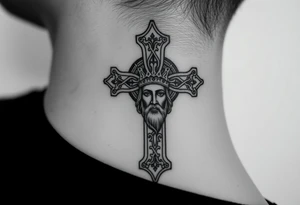 A large Orthodox cross with ornate detailing
Christ Pantocrator face (very traditional Orthodox icon style) tattoo idea
