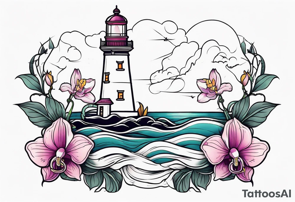 Lighthouse with an anchor and orchids tattoo idea