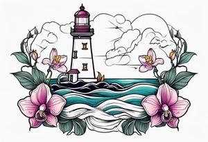 Lighthouse with an anchor and orchids tattoo idea