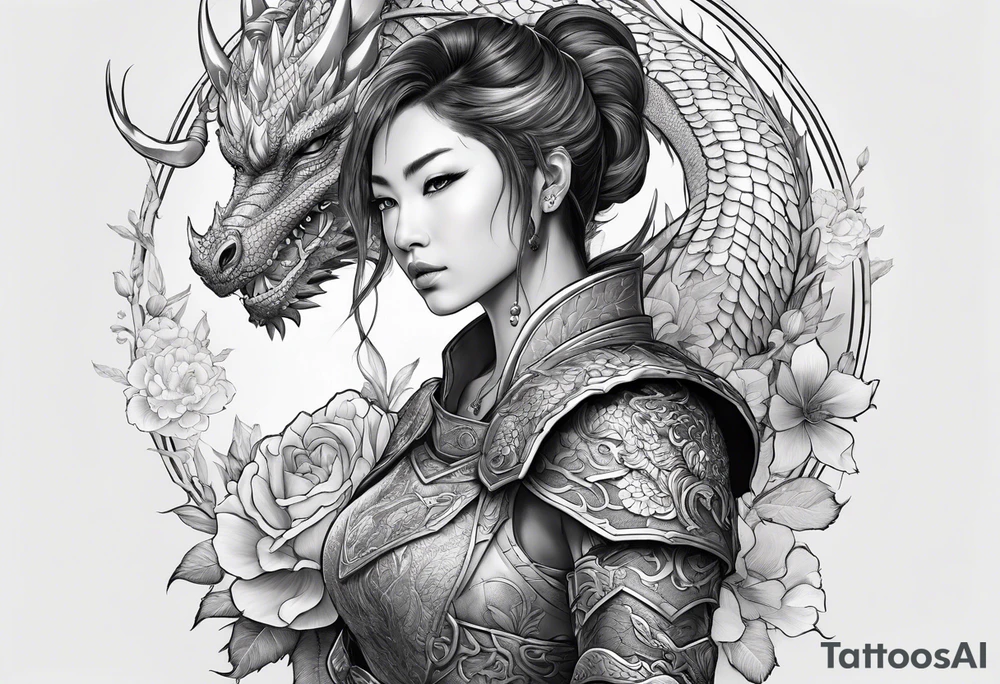 beautiful warrior woman wearing dragon armor and a floral background and a dragon tattoo idea