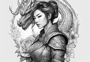 beautiful warrior woman wearing dragon armor and a floral background and a dragon tattoo idea