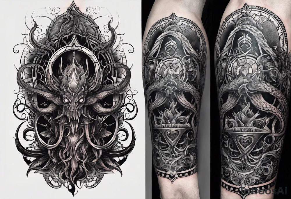 Long tattoo for forearm. Lovecraftian creature, with technological elements. Tentacles protect a heart. tattoo idea