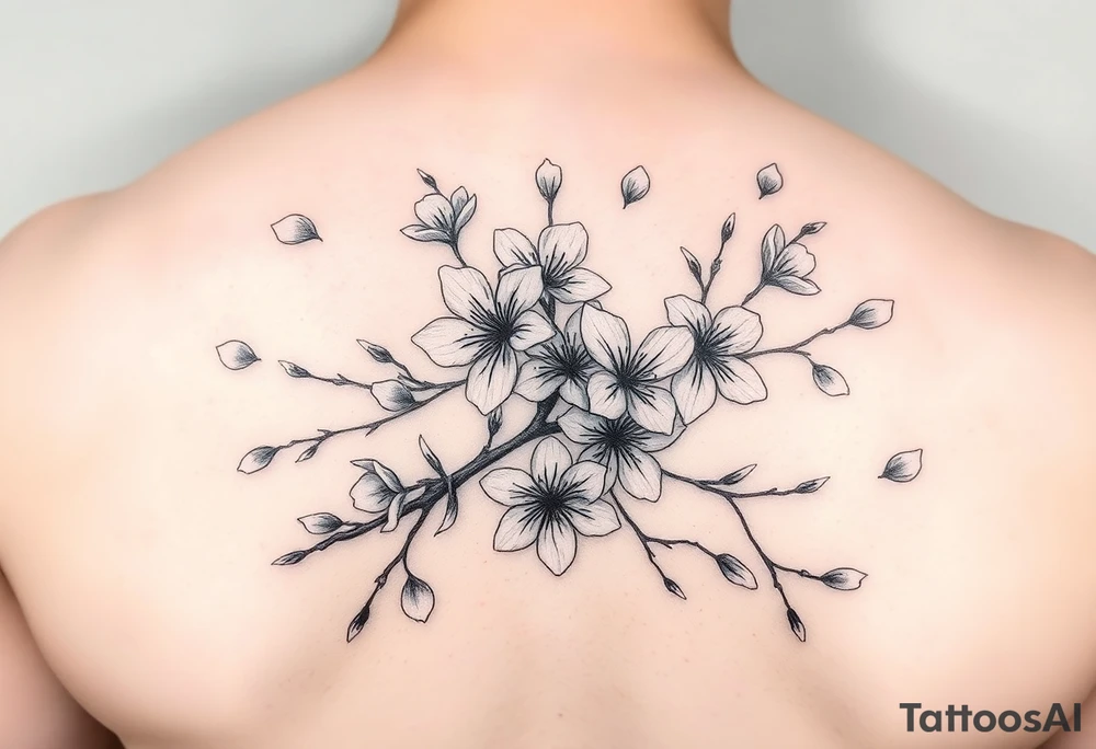 delicate cherry blossoms swirling in spring breeze with petals tattoo idea