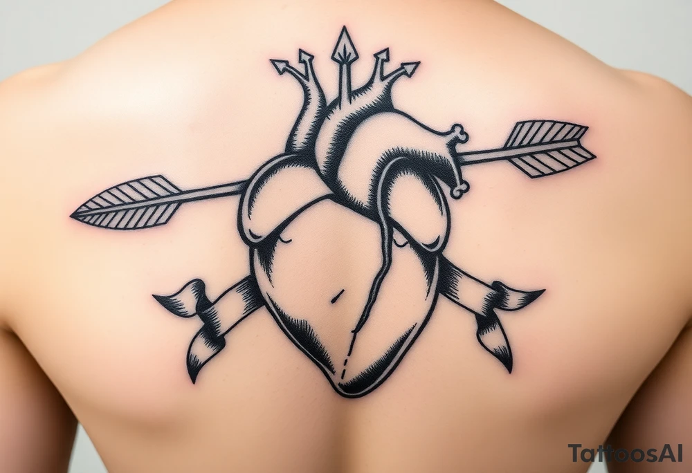 anatomical heart pierced by ornate arrow with flowing ribbons tattoo idea