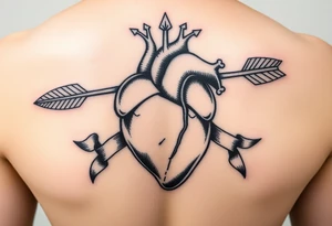 anatomical heart pierced by ornate arrow with flowing ribbons tattoo idea