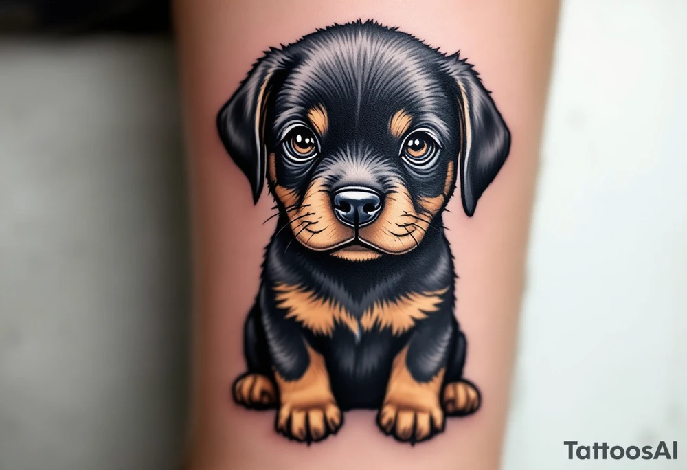Rottweiler Puppy Tattoo – A sitting Rottweiler puppy with floppy ears and wide, curious brown eyes. Full color with soft shading on the fur and cute tan markings. tattoo idea