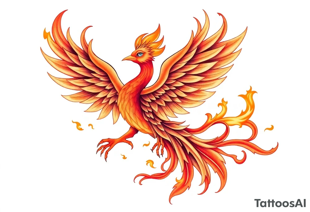 large fiery phoenix surrounded by fire. with a crown of fire flapping wings with a flaming tail tattoo idea