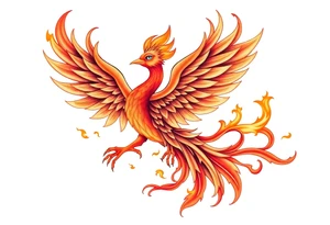 large fiery phoenix surrounded by fire. with a crown of fire flapping wings with a flaming tail tattoo idea