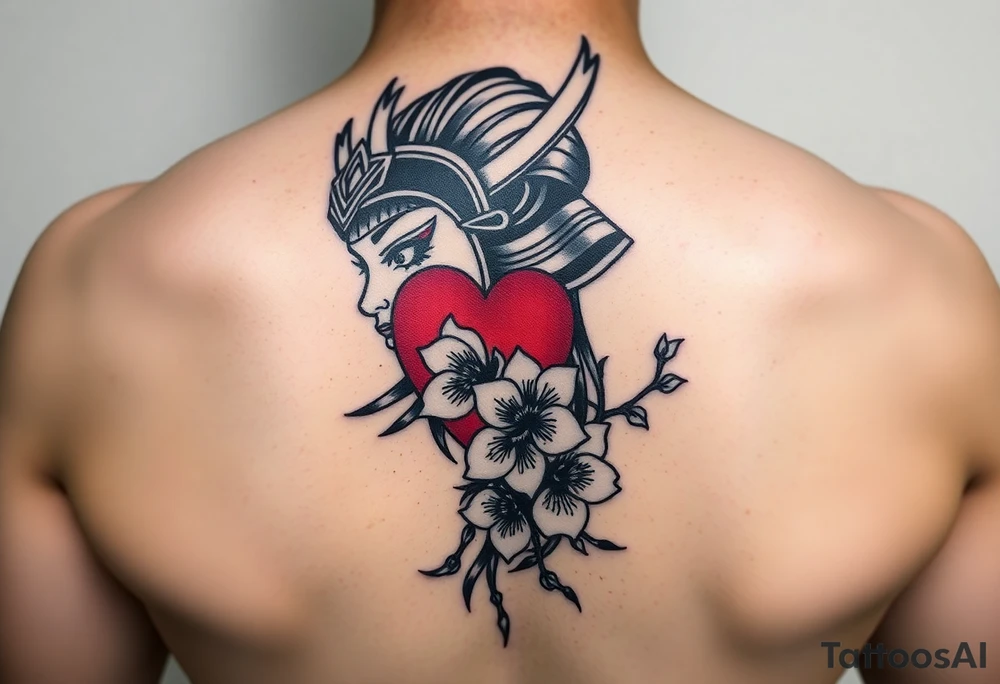 Samurai women warrior face
 with a with cherry blossom with wind red heart tattoo idea