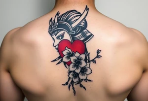 Samurai women warrior face
 with a with cherry blossom with wind red heart tattoo idea