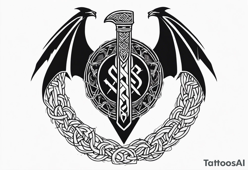 Valhalla sword shield dragon axe Valknut barbed wire chains tribal tattoo idea