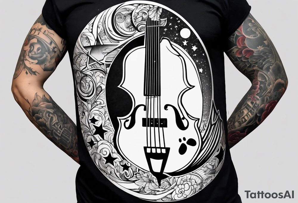 A well balanced tattoo full left arm with the following images: a bass guitar, 2 stars, 1  quarter moon, a caduceus symbol and a mickey mouse tattoo idea