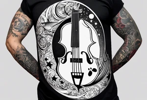 A well balanced tattoo full left arm with the following images: a bass guitar, 2 stars, 1  quarter moon, a caduceus symbol and a mickey mouse tattoo idea