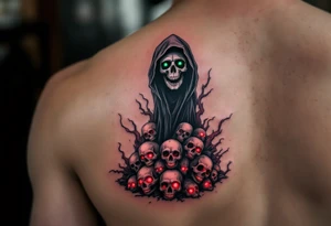A black-and-gray Reaper with deep green eyes standing atop a pile of glowing red skull tattoo idea