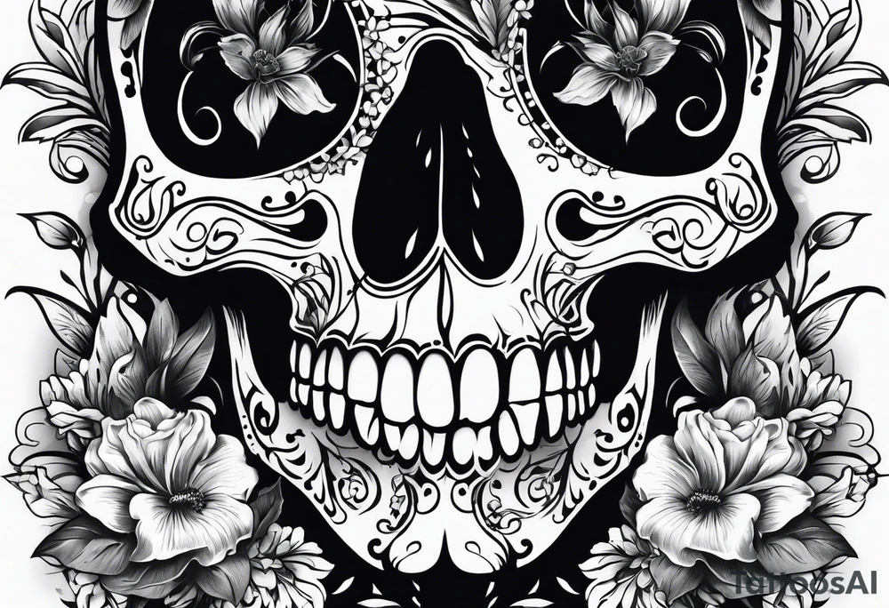 neck tattoo stencil of skull and flowers about pain and struggle in new scholl or polka trash style tattoo idea