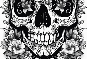 neck tattoo stencil of skull and flowers about pain and struggle in new scholl or polka trash style tattoo idea