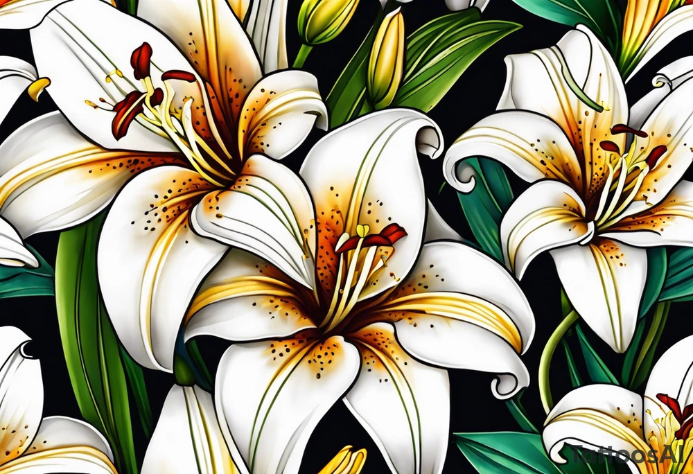 Casablanca lilies cascading downwards tattoo idea