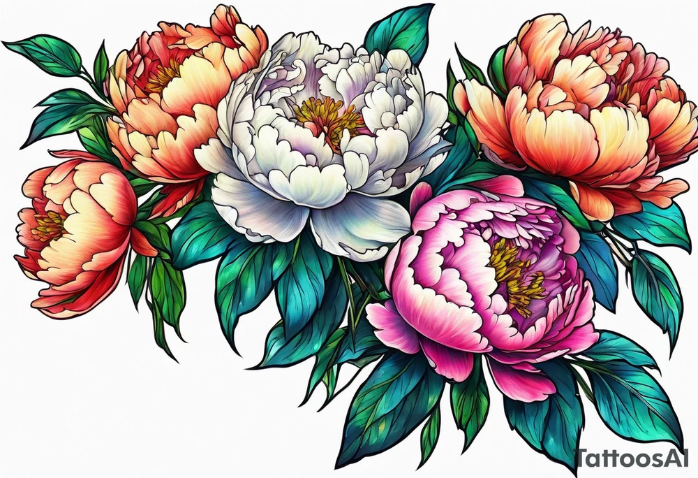 colorful peonies bouquet, neon colored tattoo idea