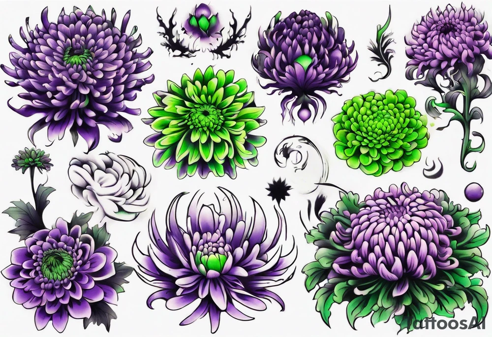 chrysanthemum Sleeve purple and neon green tattoo idea