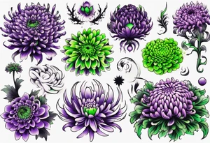 chrysanthemum Sleeve purple and neon green tattoo idea