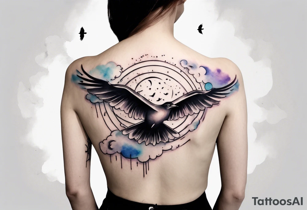 a shoulder round shape tattoo with lots of rays of light in gradient starting from the middle
, clouds and birds flying free tattoo idea