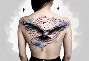 a shoulder round shape tattoo with lots of rays of light in gradient starting from the middle
, clouds and birds flying free tattoo idea