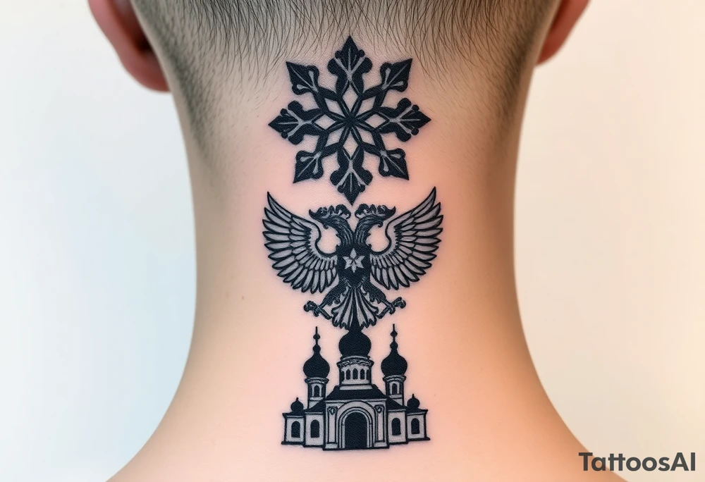 Stacked Vertical Column 

Russian star — bold
Middle: double-headed eagle — simplified, cleaner lines to suit the smaller space
Bottom: Orthodox church dome(s) & a Virgin Mary silhouette beneath tattoo idea