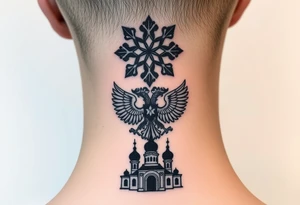 Stacked Vertical Column 

Russian star — bold
Middle: double-headed eagle — simplified, cleaner lines to suit the smaller space
Bottom: Orthodox church dome(s) & a Virgin Mary silhouette beneath tattoo idea