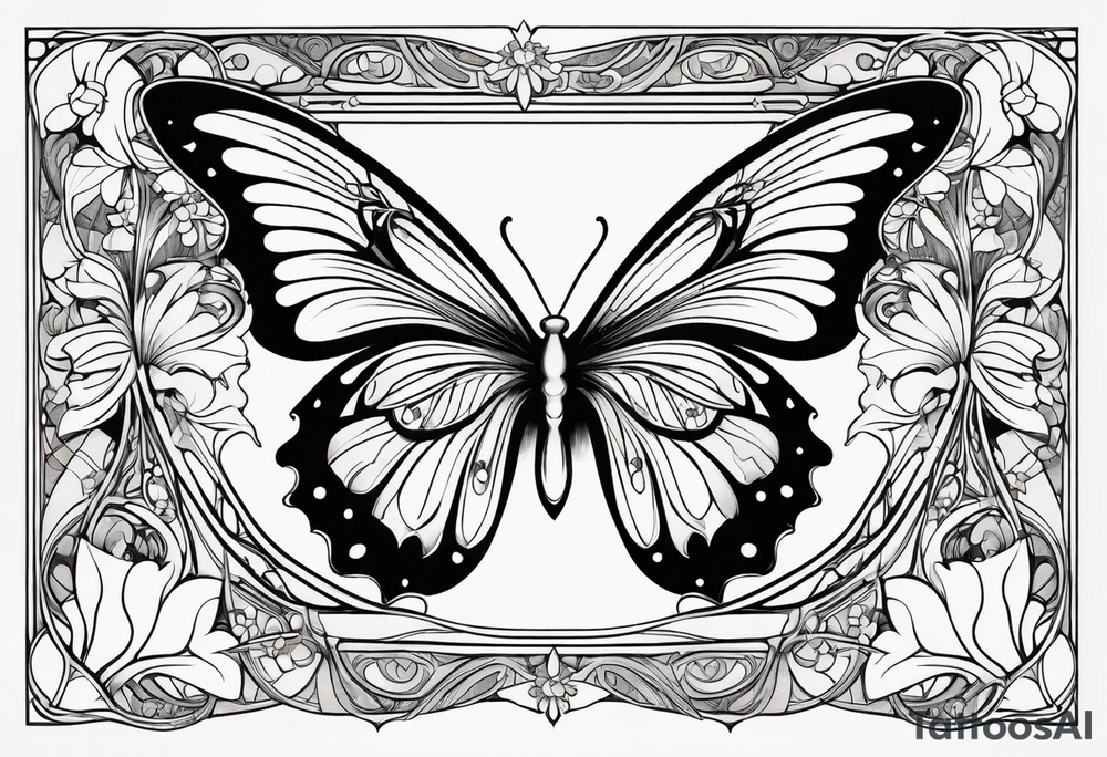 Elegant butterfly with Alphonse Mucha-inspired Art Nouveau curves, flowing organic lines forming the wings, and subtle floral motifs embedded within. tattoo idea