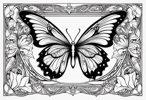 Elegant butterfly with Alphonse Mucha-inspired Art Nouveau curves, flowing organic lines forming the wings, and subtle floral motifs embedded within. tattoo idea