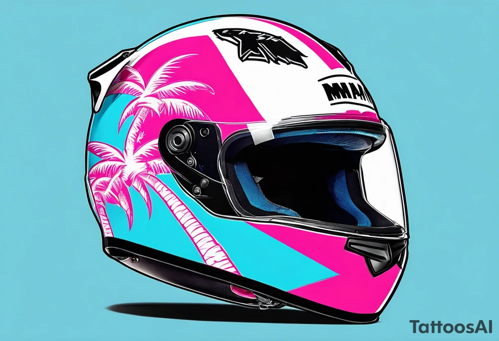 Formula 1 Helment with the Miami name a palm tree and pink and light blue colors tattoo idea