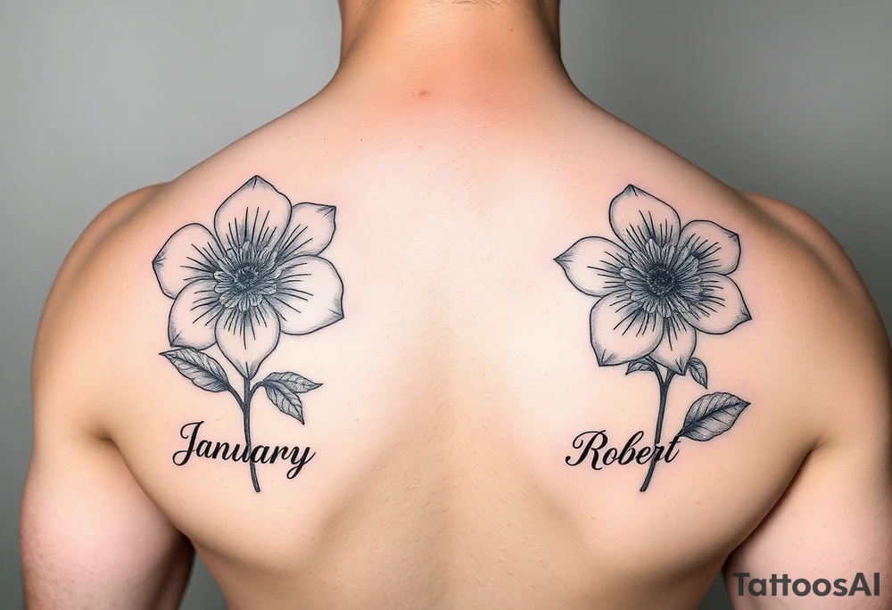 January birth flower with names James under it and March birth flower with name Robert under it tattoo idea