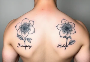January birth flower with names James under it and March birth flower with name Robert under it tattoo idea