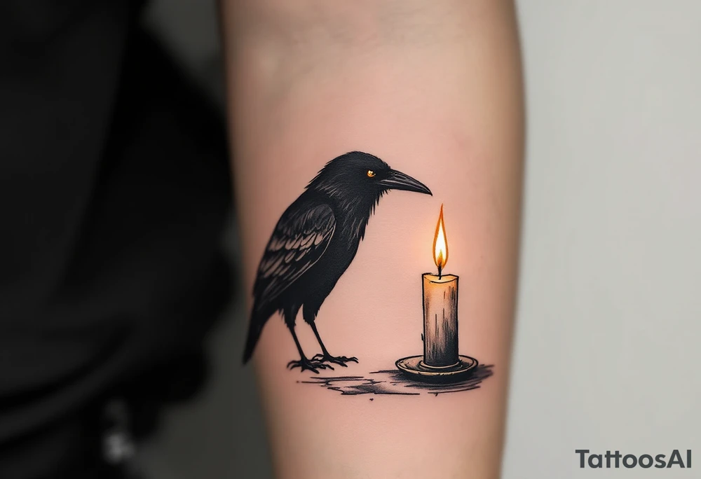 Crow and Candle – A black crow watching a flickering candle, flame done in muted gold and smoky orange tones. Gothic, moody vibe. tattoo idea