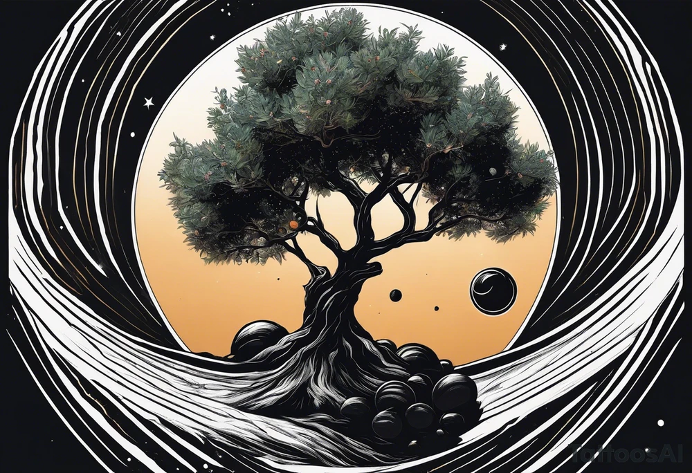 An olive tree in a black hole  with a small Saturn-like planet in in the background. tattoo idea