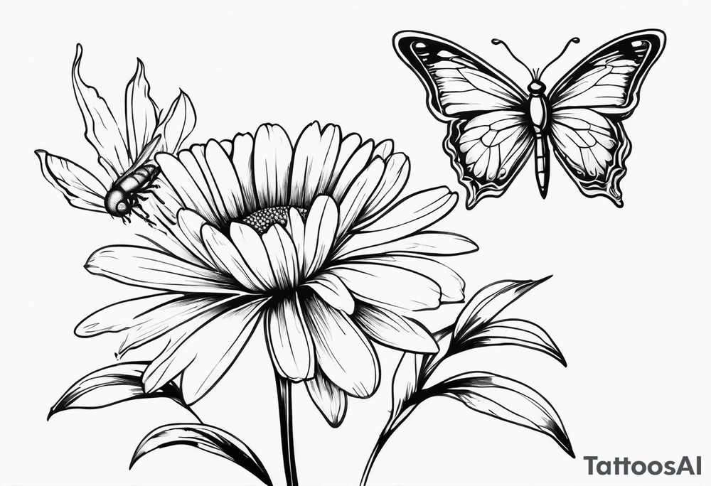 Daisy flower  and butterfly with dragon fly tattoo idea