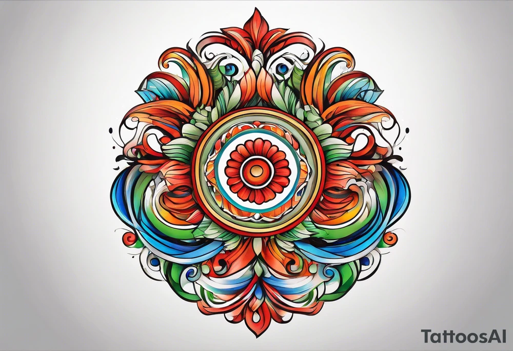 circular swirl of red, blue, orange, and green stripes tattoo idea