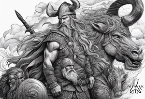 Norse mythology, ultra realism, Viking, war, battle, storm, chaos,  detailed, ragnarok, panoramic tattoo idea