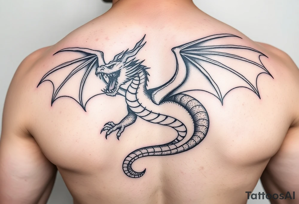 a full picture of a dragon flying aggressively tattoo idea